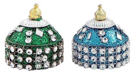 Set of 2 Blue and Green Kumkum Container Decorated with Mirror and Glitter