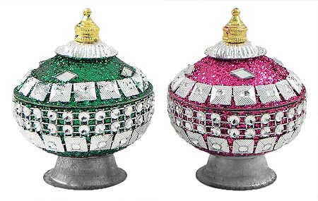 Pair of Magenta and Green Kumkum Container Decorated with Mirror and Glitter
