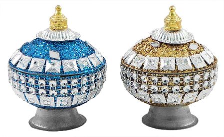 Set of 2 Blue and Golden Kumkum Container Decorated with Mirror and Glitter