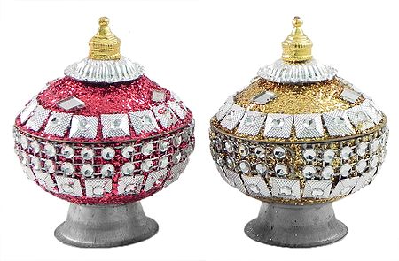 Set of 2 Red and Golden Kumkum Container Decorated with Mirror and Glitter