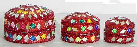 Three Red Kumkum Containers with Mirror Work