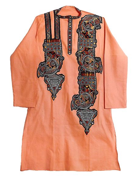 Mens Appliqued Peach Cotton Kurta with Kantha Embroidery