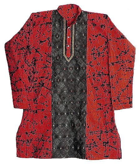 Red with Black Batik Kurta with Kantha Embroidery