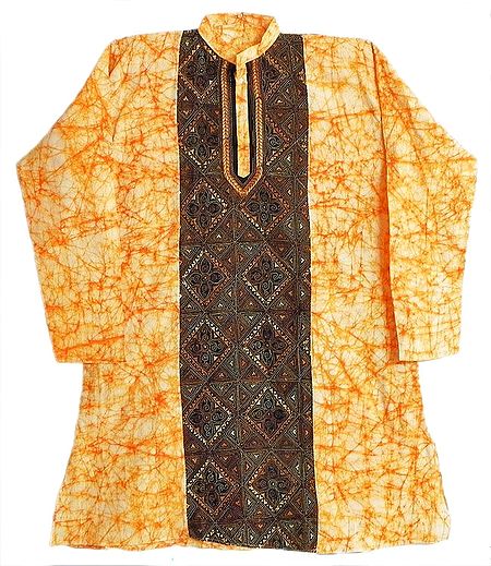 Light Yellow with Black Batik Kurta with Kantha Embroidery