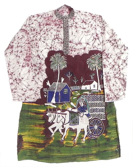 Batik Hand Painted Man on a Bullock Cart on White Cotton Kurta