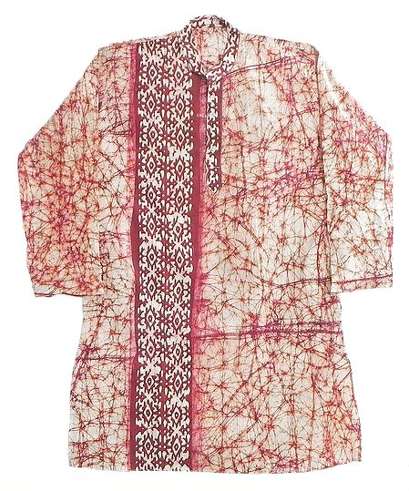 Red Batik on Off-White Cotton Kurta - Size - M Length - 40 inches