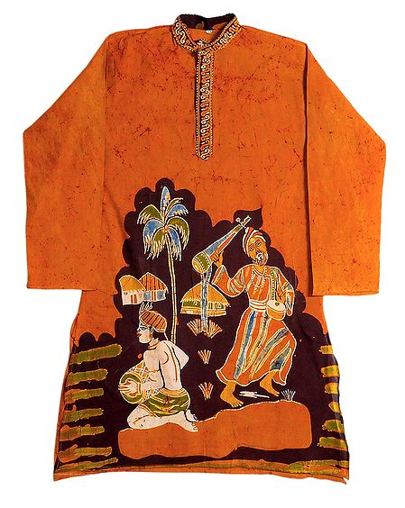Maroon Batik on Saffron Mens Cotton Kurta