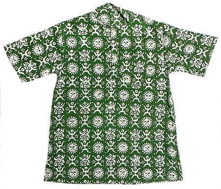 Green with White Batik Half Sleeve Cotton Kurta