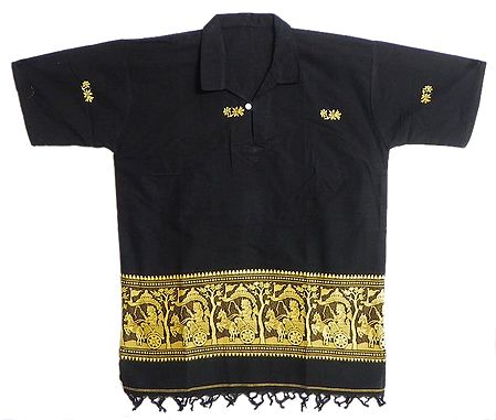 Black Half Sleeve Short Kurta with Baluchari Weave Design