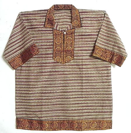 Brown Stripe Half Sleeve Cotton Short Kurta with Wheel of Konark Weave Design