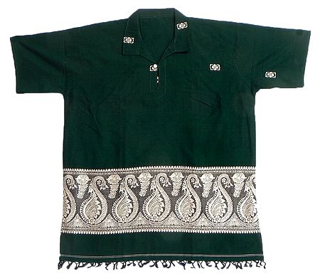 Dark Green Half Sleeve Short Kurta with Baluchari Weave Design