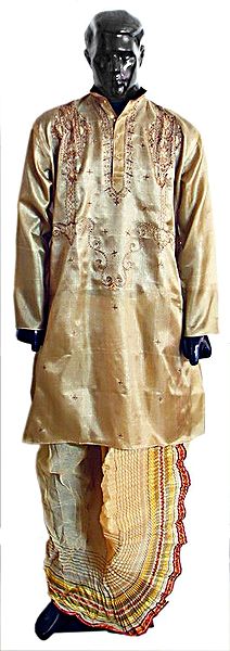 Beige Cotton Dhoti with Maroon and Golden Border (Pyjama type), and Embroidered Tussar Kurta