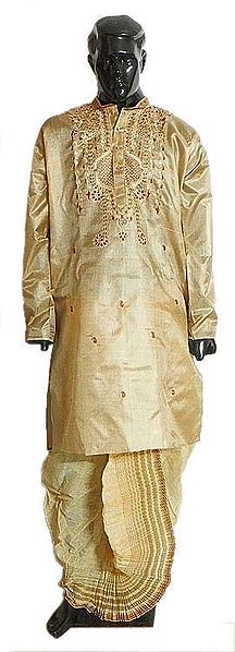 Beige Cotton Dhoti with Yellow Churi Border (Pyjama type) and Embroidered Tussar Kurta