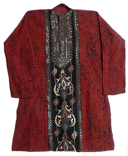 Red with Black Batik Kurta with Kantha Embroidery