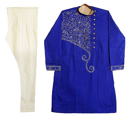 Embroidered Blue Kurta with Off-White Churidar
