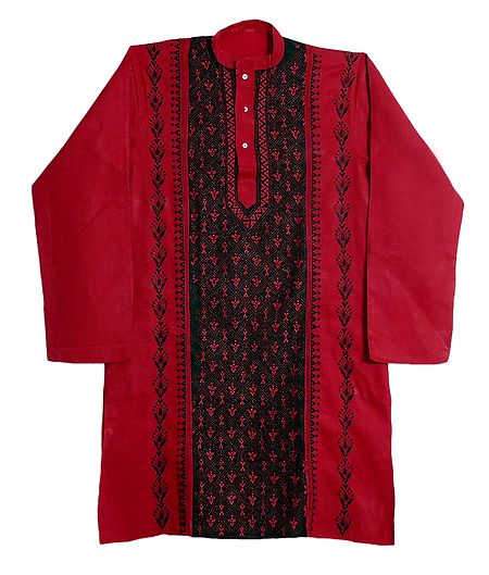 Kantha Embroidery on Mens Red Cotton Kurta