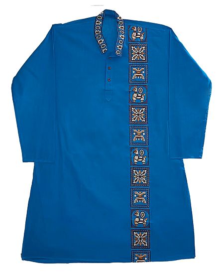 Embroidered Blue Cotton Kurta for Men