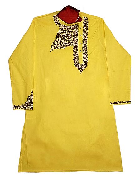 Embroidered Yellow Cotton Kurta for Men