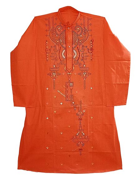 Embroidered Saffron Cotton Kurta for Men