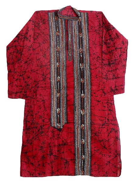 Kantha Embroidery on Red Batik Kurta