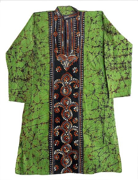 Kantha Embroidery on Green Batik Kurta
