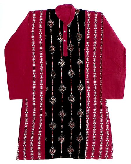 Red with Black Front Kurta with Kantha Embroidery