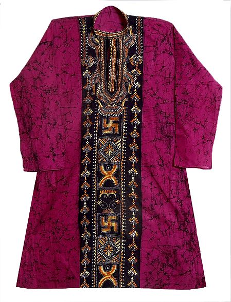 Kantha Embroidery on Magenta Batik Kurta