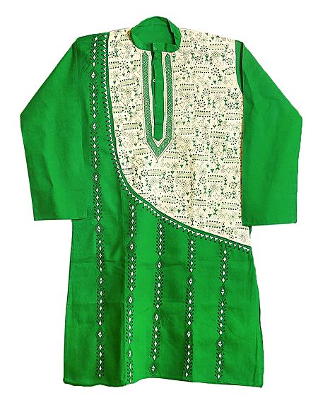 Kantha Stitch Embroidery on Green Kurta