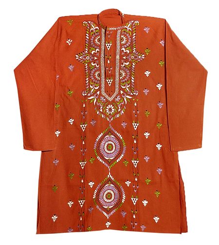 Kantha Embroidery on Mens Rust Red Kurta
