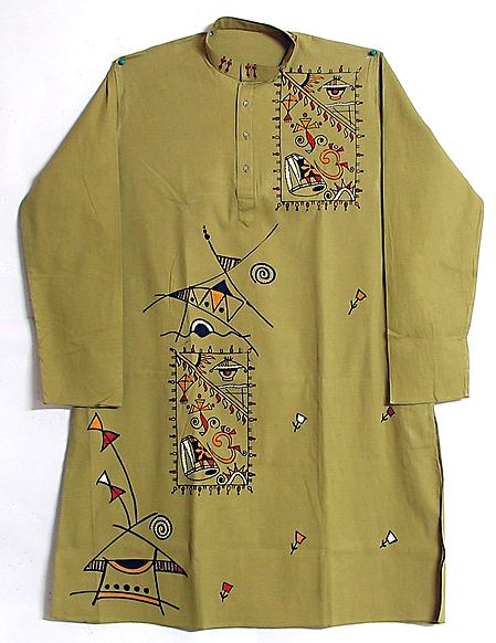 Olive Green Long Kurta with Embroidery and Hand Painted Folk Design