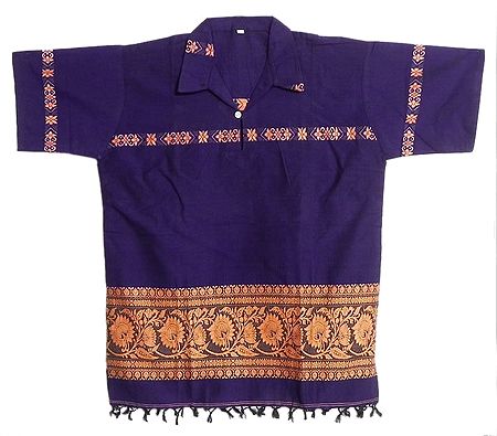 Purple Half Sleeve Short Kurta with Baluchari Weave Design