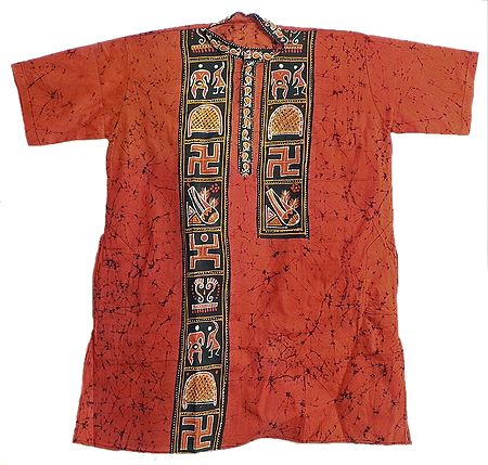 Dark Saffron Batik Short Sleeve Kurta with Hindu Symbols
