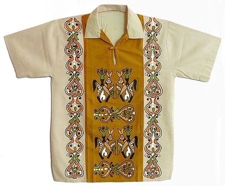 Off White with Chrome Yellow with Maroon Hand Painted Short Kurta