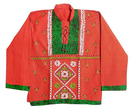 Brick Red with Green Mens Short Kurta with Embroidery