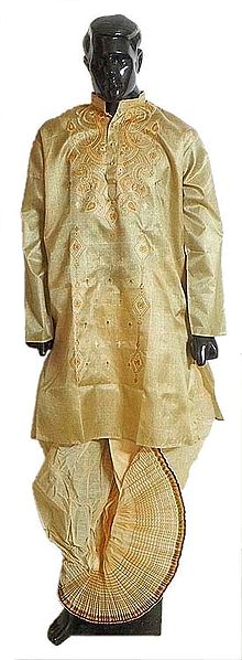 Beige Cotton Dhoti with Yellow Churi Border (Pyjama type) and Embroidered Tussar Kurta