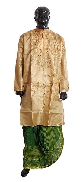 Ready to Wear Green Cotton Dhoti with Embroidered Tussar Kurta