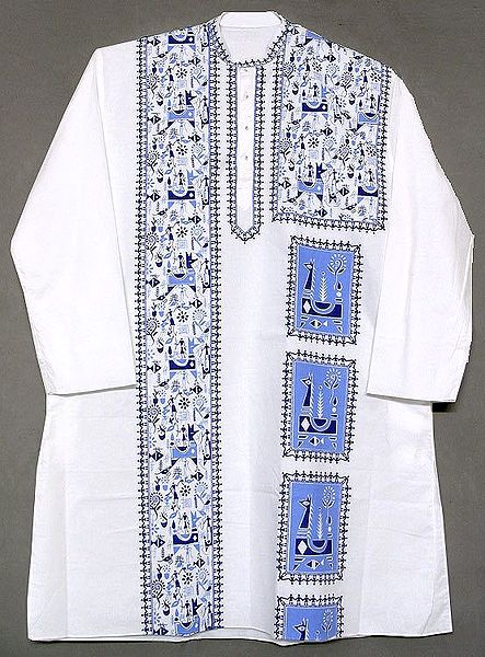 White Cotton Full Sleeve Long Kurta with Blue Block Print