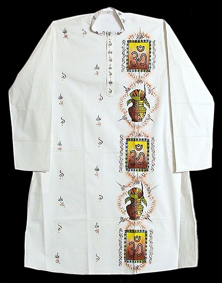 White Long Kurta with Hand Painted Om and Kalash with Coconut Design