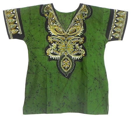 Green,Yellow and White Batik Painted Kurta with Gorgeous Neckline and Border