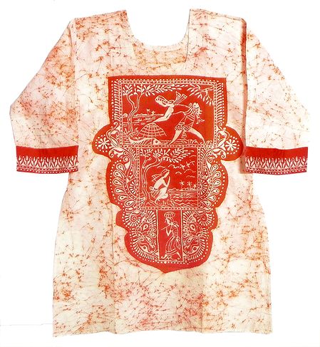 White and Saffron Batik Painted Kurta with Gorgeous Design in Front and Border with Three Quarter Sleeves