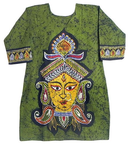 Batik Painted Durga Face on Green Kurta with Three Quarter Sleeves