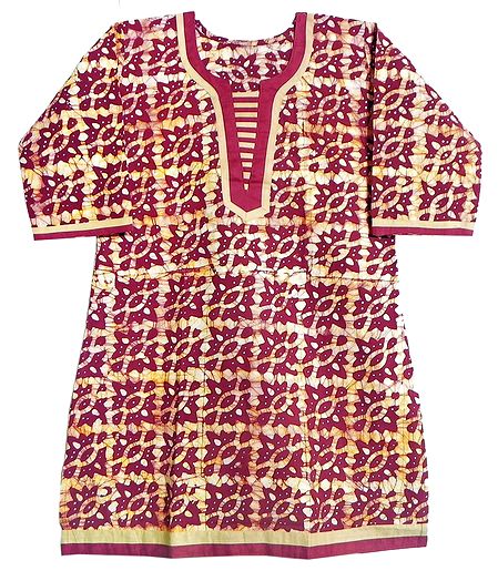 White and Yellow Printed Batik on Dark Red Kurta with Three Quarter Sleeves