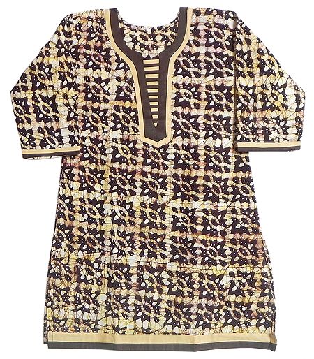 White and Yellow Printed Batik on Dark Brown Kurta with Three Quarter Sleeves