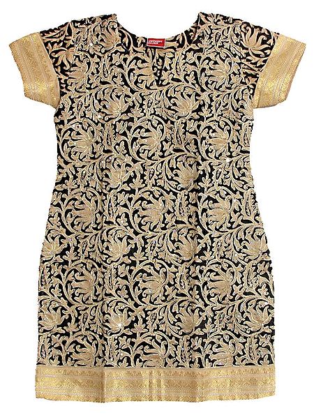 Black and Beige Print Kurta with Golden thread Embroidery