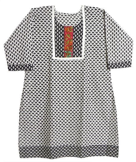 Black and White Printed Kurta with Parsi Embroidered Front and Three Quarter Sleeves