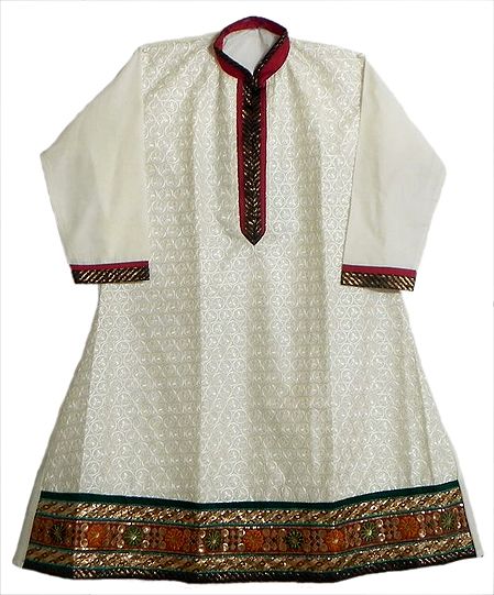 Off-White Embroidered Kurti with Golden Border
