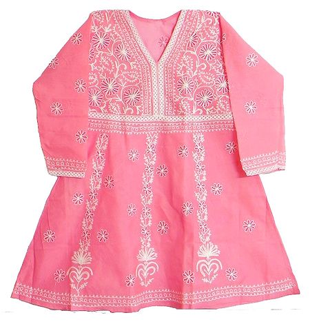 Rose Pink Kurti with white Thread Embroidery