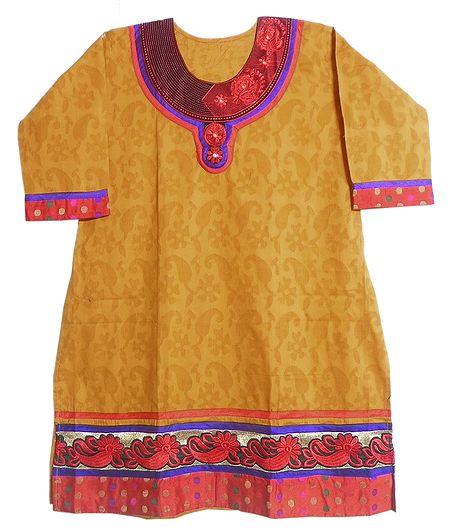 Self Design Chrome Yellow Kurta with Red Embroidered Neckline and Border with Three Quarter Sleeves