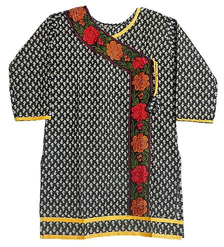 White Print on Black Achkan Style Kurti with Parsi Embroidery on Neckline and Border
