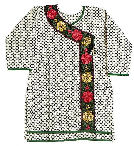 Black Print on White Achkan Style Kurti with Parsi Embroidery on Neckline and Border